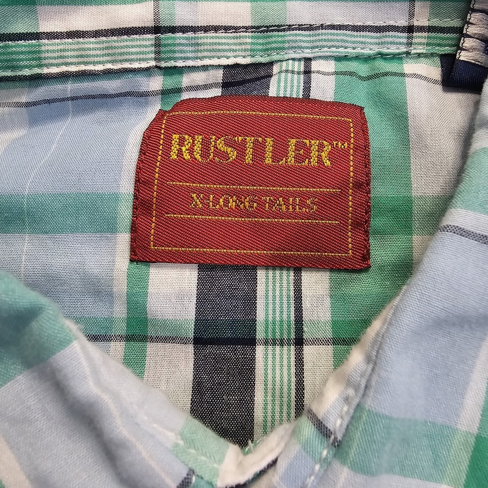 Rustler X-Long Tails‎ Teal, White, Navy Western Pearl Snap Wrangler Cowboy Rodeo - Picture 4 of 9